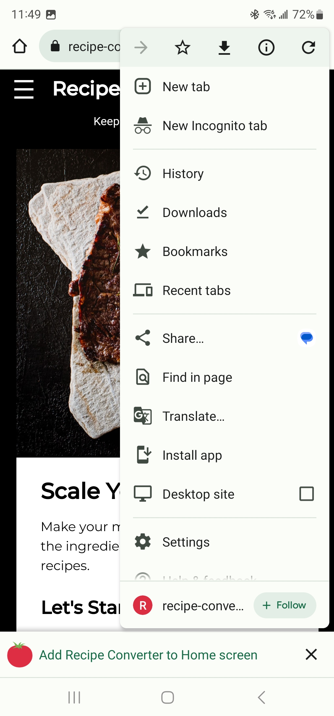 Example of install app option in browser settings